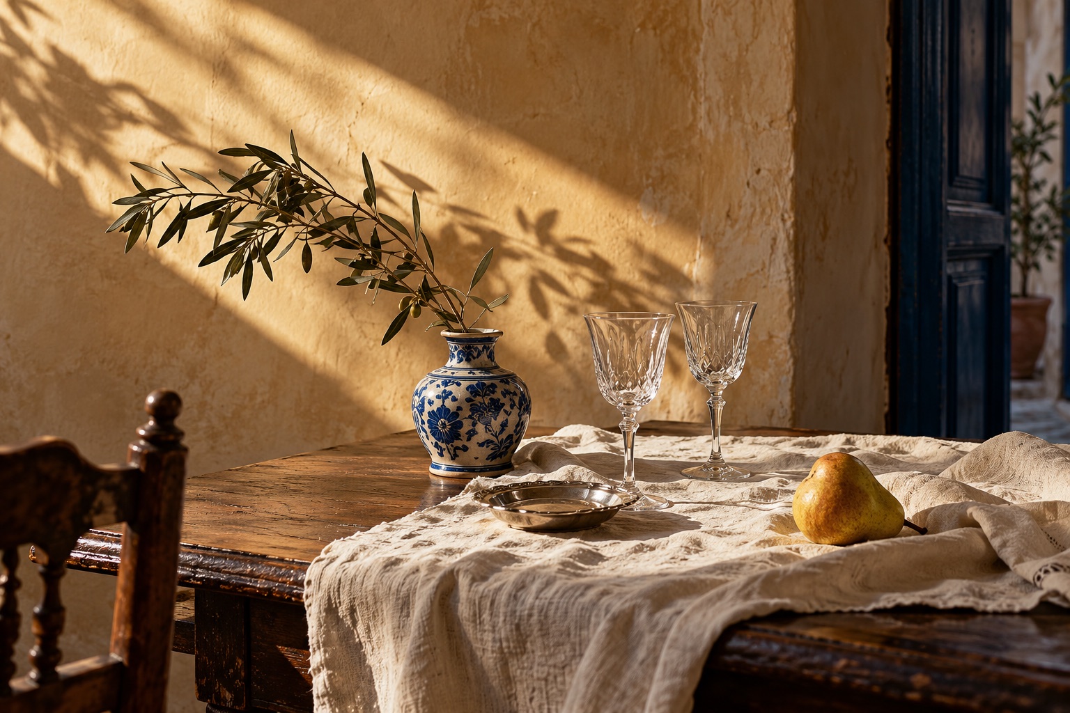 Una mesa de madera con lino, cerámica azul y cristal bajo la luz de la tarde